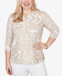 Alfred Dunner Women's Natural Wonder Animal Print Split Neck Beaded Top