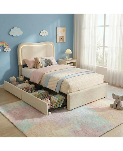 gaomon Boucle Bed Frame with 2 Storage Drawers, Upholstered Platform Led Headboard
