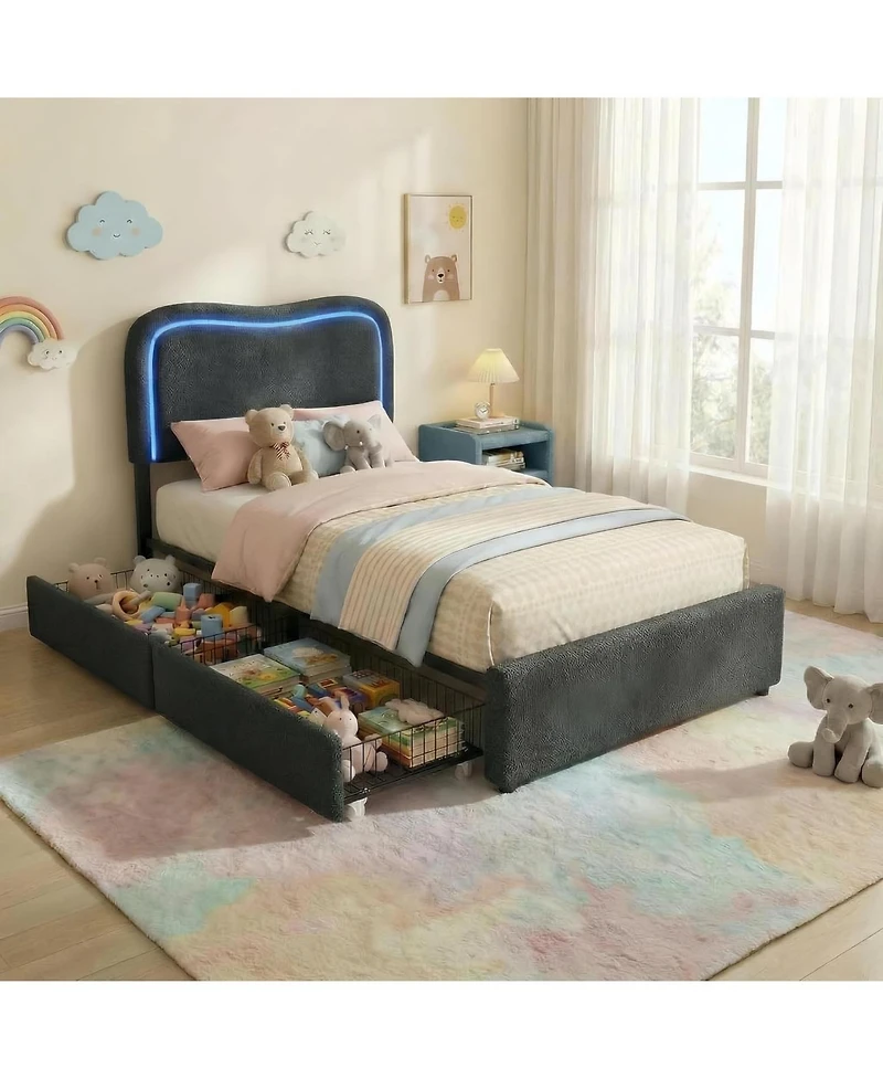 gaomon Boucle Bed Frame with 2 Storage Drawers, Upholstered Platform Led Headboard