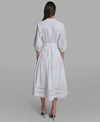 Karl Lagerfeld Paris Women's Poplin Eyelet Button Front Midi Dress