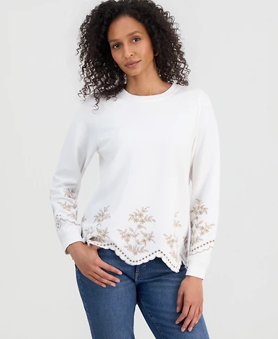 Style & Co Petite Long-Sleeve Trim Eyelet Knit Crew Neck Top, Macy's Exclusive
