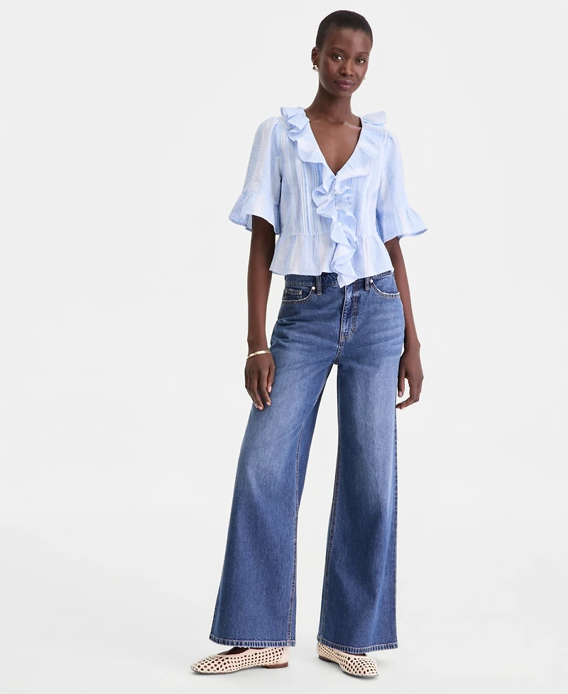 On 34th Women's Short Sleeve Ruffle-Front Cotton Blouse, Macy's Exclusive