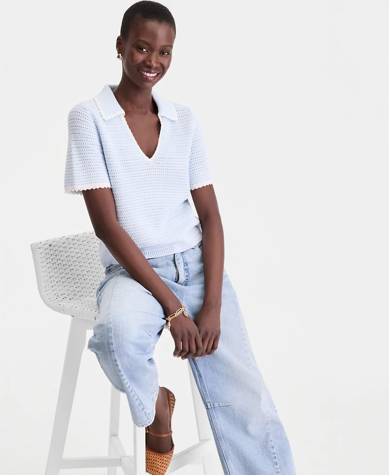 On 34th Women's Collared Short-Sleeve Crochet Sweater, Macy's Exclusive