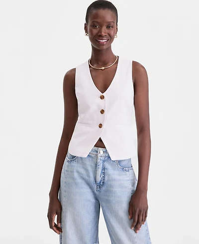 On 34th Women's Linen Blend V-Neck Button-Front Vest, Macy's Exclusive