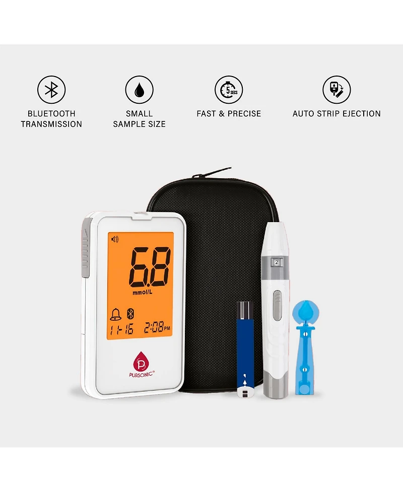 Pursonic Blood Glucose Monitoring Bundle – Glucose Meter with Bluetooth + 50 Test Strips + 50 Sterile Lancets