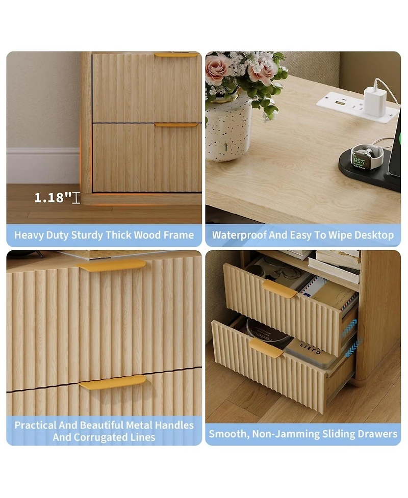 Gaomon 1PC Natural Fluted Nightstand, 2-Drawer Bedside Table with Charging Station & Open Storage