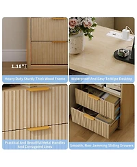 Gaomon 1PC Natural Fluted Nightstand, 2-Drawer Bedside Table with Charging Station & Open Storage