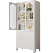 gaomon Freestanding Storage Cabinet: 70" Tall White Linen + Pantry + China Cabinet – Tempered Glass Doors, Heavy-Duty Adjustable Shelves