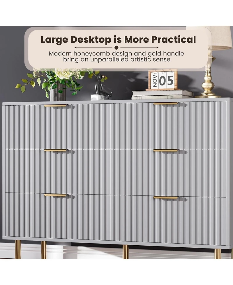 gaomon Zebra Six-Drawer Cabinet with Large Desktop, Modern Honeycomb Design, Gold Handle, Practical Storage Solution, and Artistic Sense for Bedroom