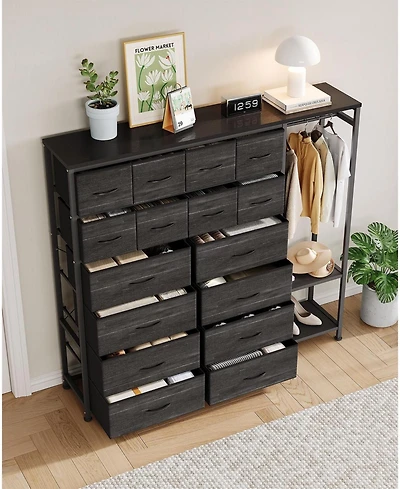 gaomon 16 Drawer Dresser with Clothes Rack, Tall Fabric Storage Organizer for Bedroom Closet, Living Room