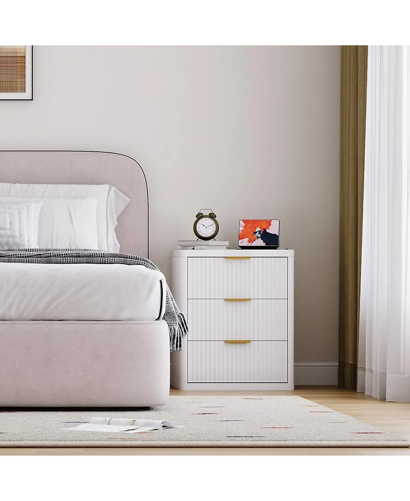 gaomon Fluted Nightstand with Charging Station, Bedside Table with 3 Drawers Storage Space