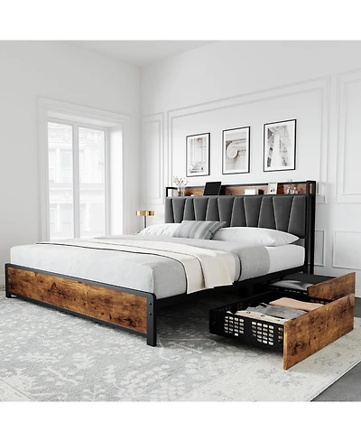 Gaomon King Size Bed Frame with Storage Linen Upholstered Headboard, 4 Drawers Platform Bed Frame with Charging Station, No Box Spring