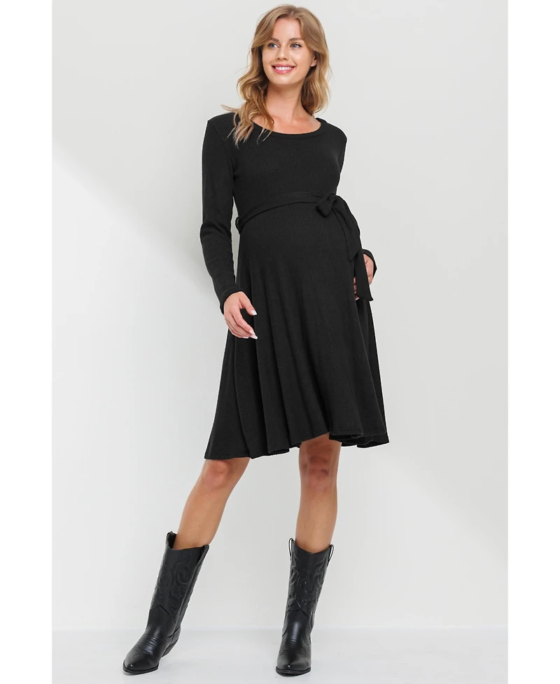 Hello Miz Maternity Rib Knit Empire Waist Long Sleeve Knee-Length Dress