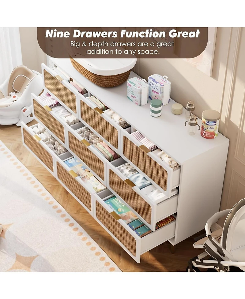 gaomon Rattan 9 Drawer Dressers for Bedroom, Tall Dresser with Deep Drawers, Large Chest of Drawers Closet Wide Top