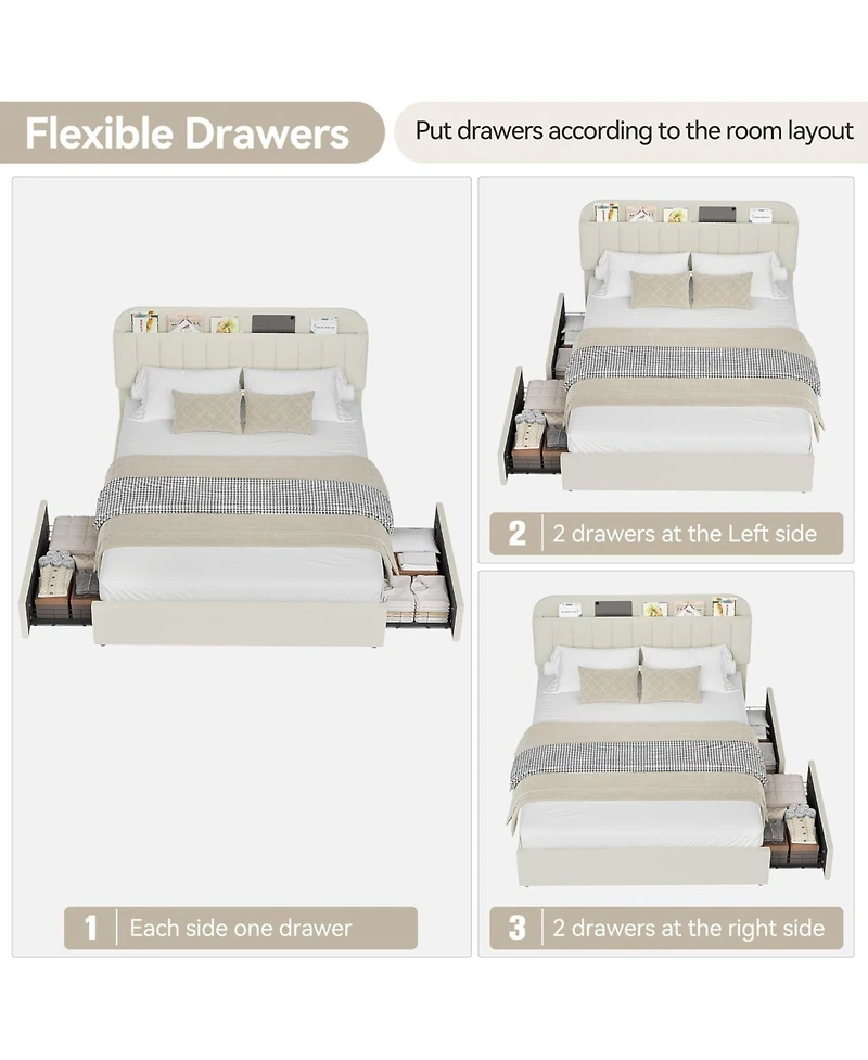gaomon Queen Bed Frame with Storage Headboard, Girls Bed Frame with 2 Drawers, Boucle Upholstered Platform Bed with Bookcase