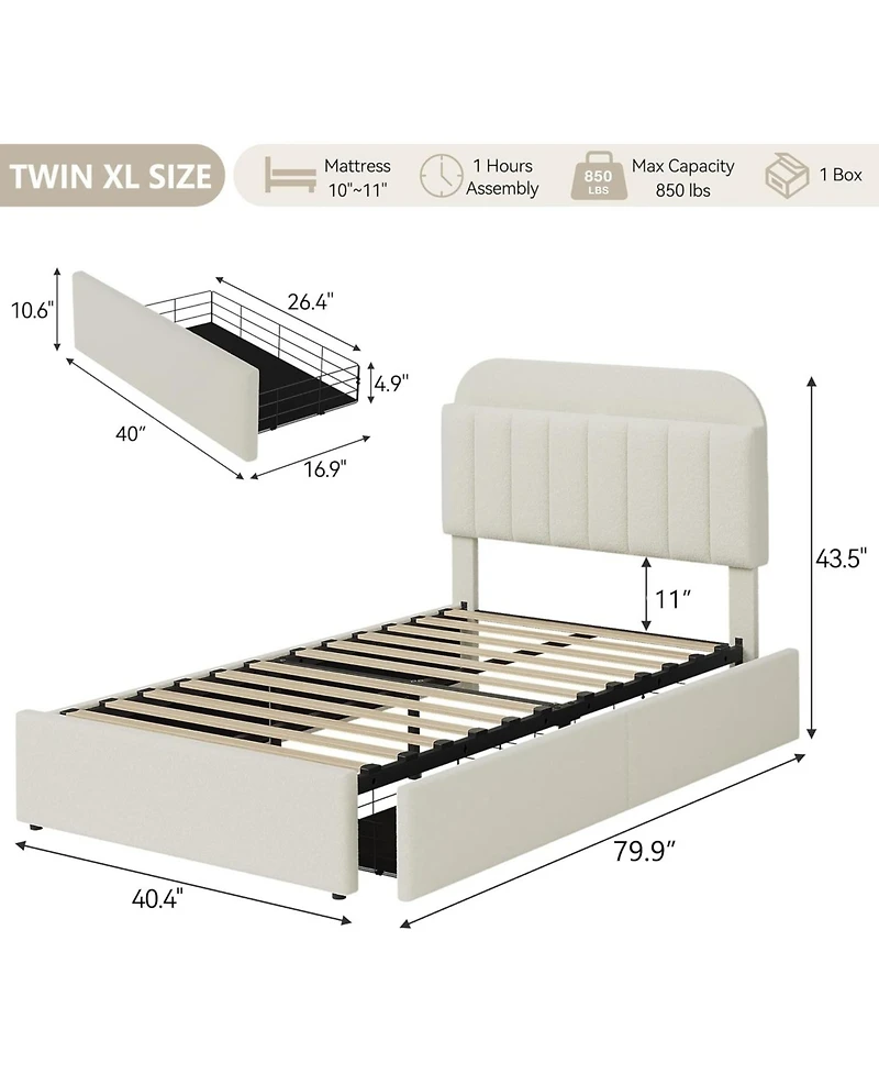 gaomon Twin Xl Bed Frame with Storage Headboard, Girls 2 Drawers, Boucle Upholstered Platform Bookcase