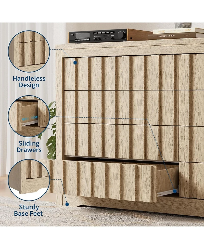 gaomon Fluted Dresser for Bedroom with 8 Drawers,Modern Chest of Drawers with Handle less, Wooden Dresser Tv Stand, Wood Clothes Closet Organizer