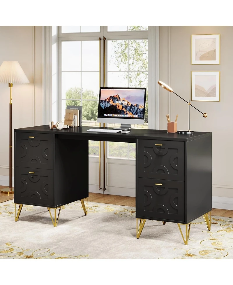 Tribesigns Computer Desk 59", Home Office with 4 File Drawers, Writing Table Elegant