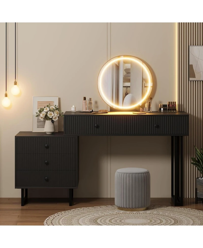 gaomon Vanity Desk with Mirror & 3-Color Led Lights, Modern Makeup Vanity with 5 Drawers