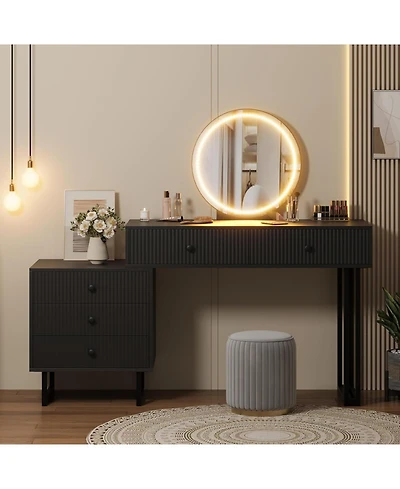 gaomon Vanity Desk with Mirror & 3-Color Led Lights, Modern Makeup Vanity with 5 Drawers