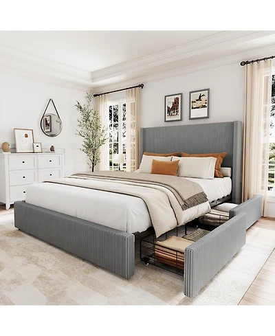 Gaomon Floating Bed Frame with Led Lights, Velvet Upholstered Platform, Storage Headboard, No Box Spring Needed