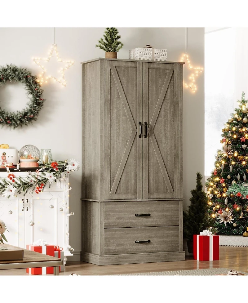 gaomon Farmhouse Kitchen Pantry Cabinet,Wood Kitchen Cabinet with Barn Door,Drawers and Adjustable Shelf,Versatile Storage for Dining Room,Living