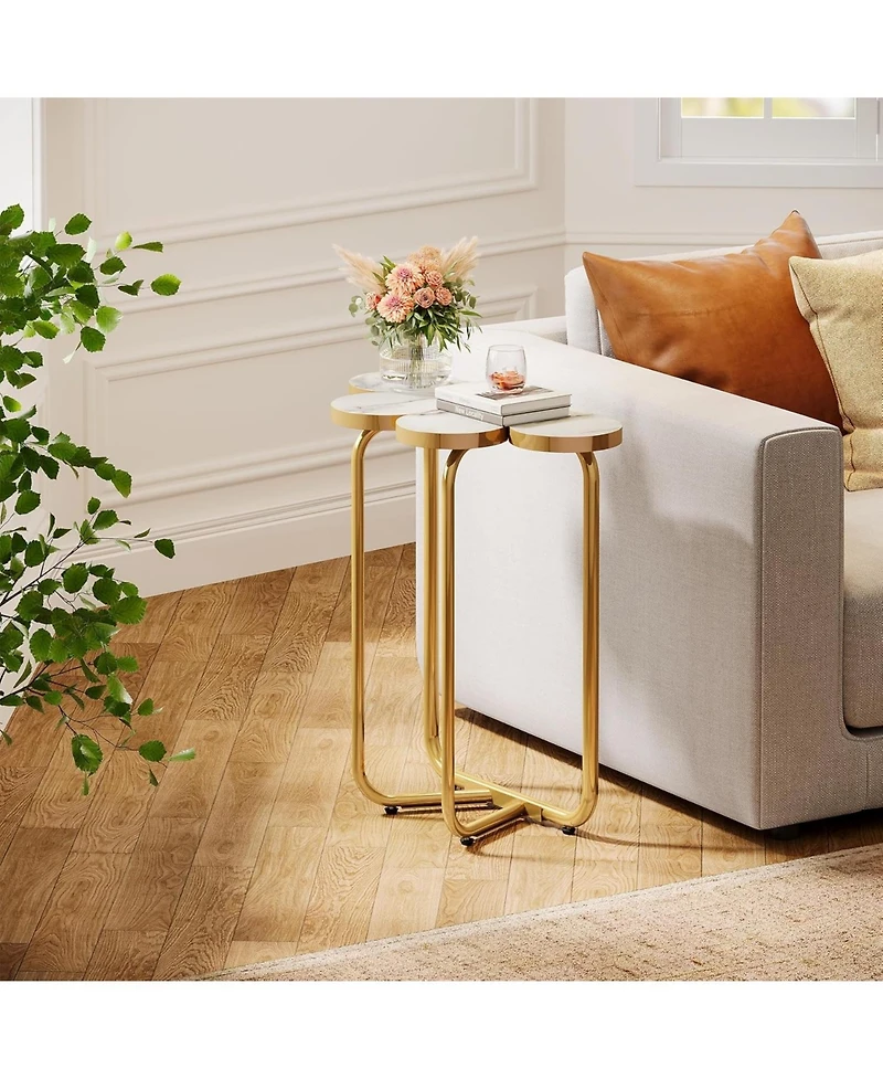 Tribesigns Narrow Side Table, Half-Flower Accent Side Table with Stylish Gold Frame, White and Gold End Tables, 26-Inch Tall Faux Marble Nightstand