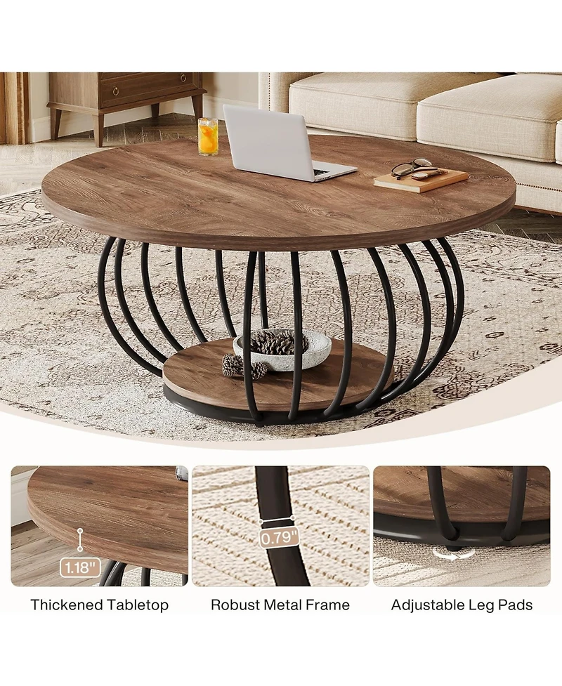 Tribesigns Round Coffee Table for Living Room, 39.4" Industrial Wooden 2-Tier Circle Accent Center Cocktail Table with Storage Shelf and Metal Fr