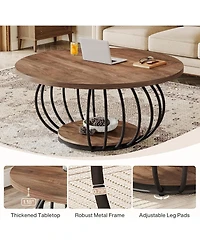 Tribesigns Round Coffee Table for Living Room, 39.4" Industrial Wooden 2-Tier Circle Accent Center Cocktail Table with Storage Shelf and Metal Fr
