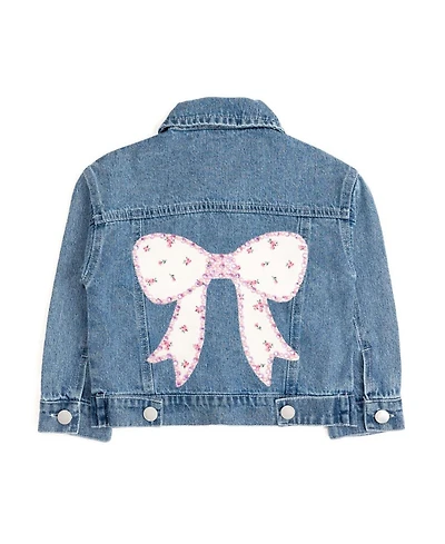 Sweet Wink Little Girls Pearl and Gemstone Floral Bow Patch Denim Jacket