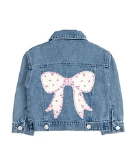 Sweet Wink Little Girls Pearl and Gemstone Floral Bow Patch Denim Jacket