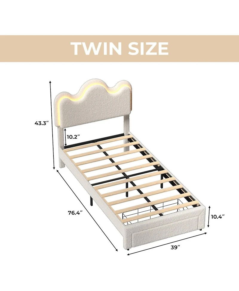 gaomon Twin Upholstered Led Bed Frame with Storage Drawers Girls Bed with Flower Headboard Boucle Princess Platform Bed Frame