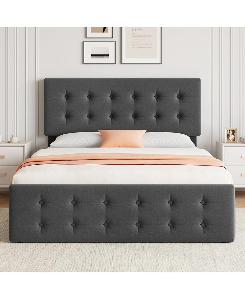 gaomon Full Bed Frame with 4 Storage Drawers and Headboard, Button Tufted Design, No