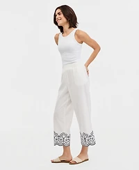 Jones New York Women's Embroidered Cropped Linen-Blend Pull-On Pants