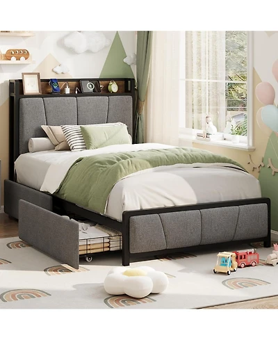 gaomon Twin Xl Bed Frame with 2 Storage Drawers, Charging Station & Heavy Duty Storage Headboard