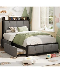 gaomon Twin Xl Bed Frame with 2 Storage Drawers, Charging Station & Heavy Duty Storage Headboard