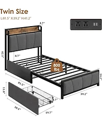 gaomon Twin Bed Frame with Storage Drawers, Charging Station & Storage Headboard