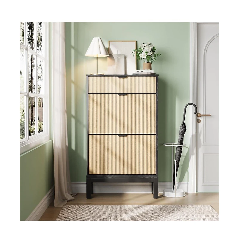 gaomon Slim farmhouse shoe storage cabinet with 2 flip drawers, fluted design, metal legs, and freestanding rack for entryway.