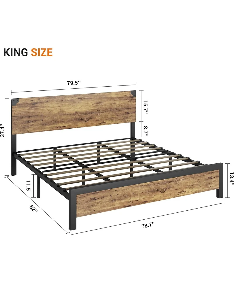 Gamon Rustic Brown King Platform Bed Frame with Wooden Headboard & Under Bed Storage