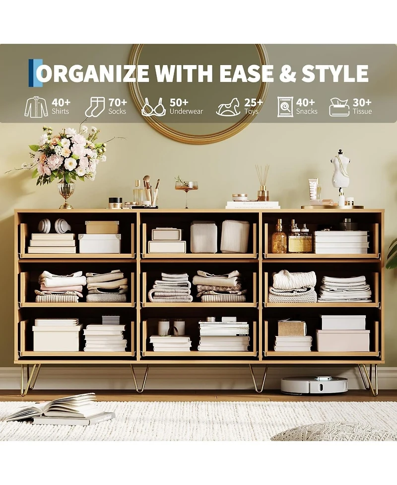 Gaomon Fluted 9 Drawer Dresser, 63" Wide Modern Wooden Chest with Metal Handles