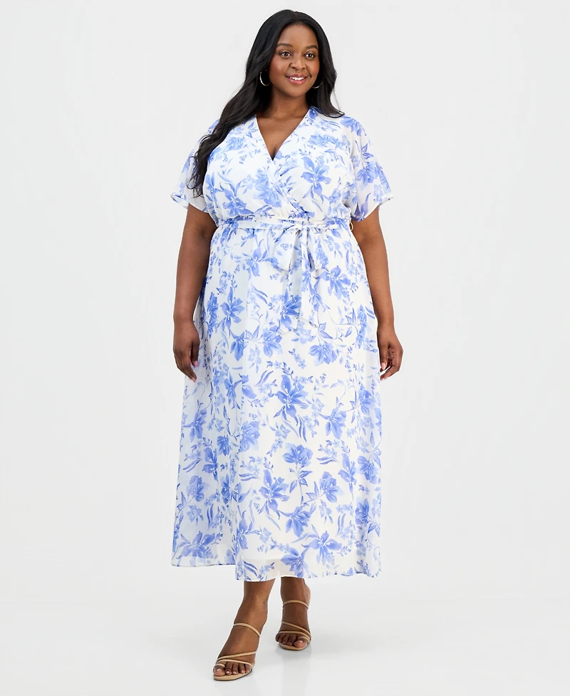 Sandra Darren Plus Printed Flutter-Sleeve Maxi Dress