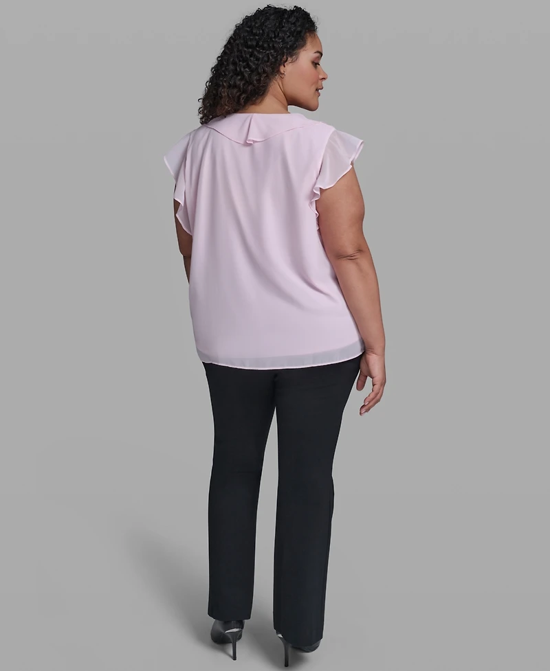 Karl Lagerfeld Paris Plus Rosette V-Neck Ruffle Blouse Top