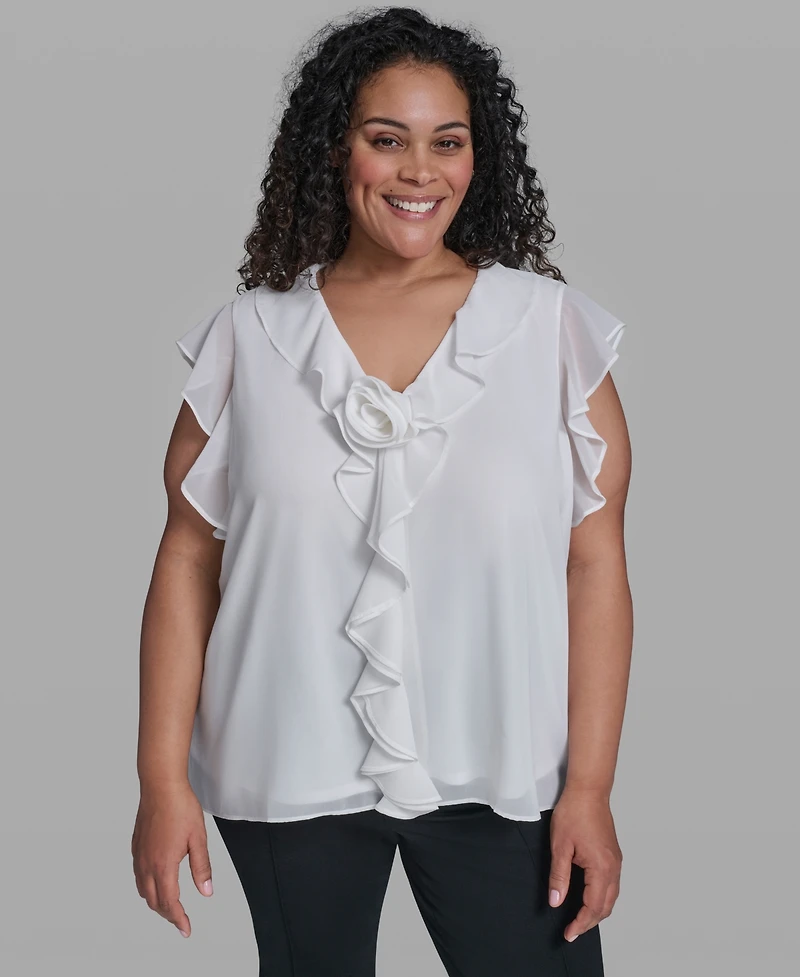 Karl Lagerfeld Paris Plus Rosette V-Neck Ruffle Blouse Top