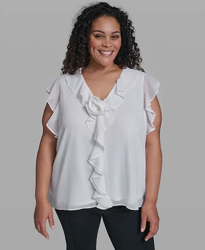 Karl Lagerfeld Paris Plus Rosette V-Neck Ruffle Blouse Top
