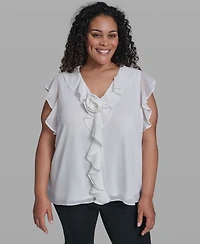 Karl Lagerfeld Paris Plus Rosette V-Neck Ruffle Blouse Top