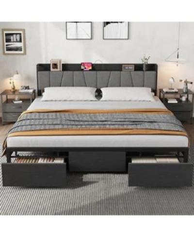 Gaomon Bed Frame With A Functional Storage Headboard Industrial Full Platform Bed With 2 Large Drawers Plus A Charging Station