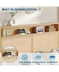 gaomon Rattan Bed Frame with Led Lights, Boho Wood Bed Frame with Storage Headboard & Charging Station, Silent Slats