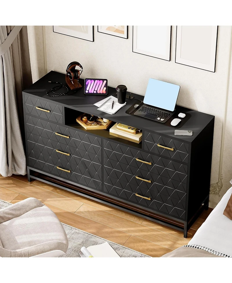 gaomon 8 Drawer Dresser for Bedroom, Pink Dresser with Led Light, 55 in Tv Stand Dressers with Power Outlet, Large Dressers Bedroom with Deep Drawers,