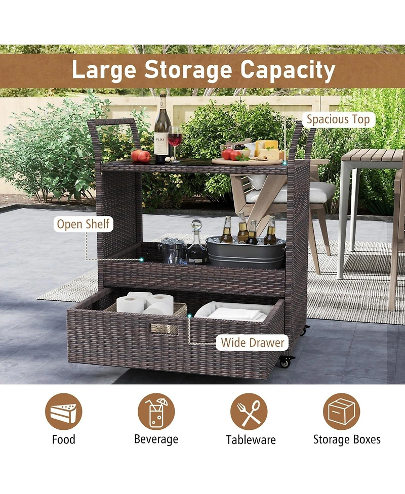 Volenca Outdoor Wicker Bar Cart Table with Tempered Glass Top, Patio Serving Cart