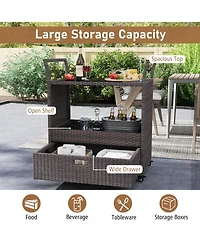 Volenca Outdoor Wicker Bar Cart Table with Tempered Glass Top, Patio Serving Cart